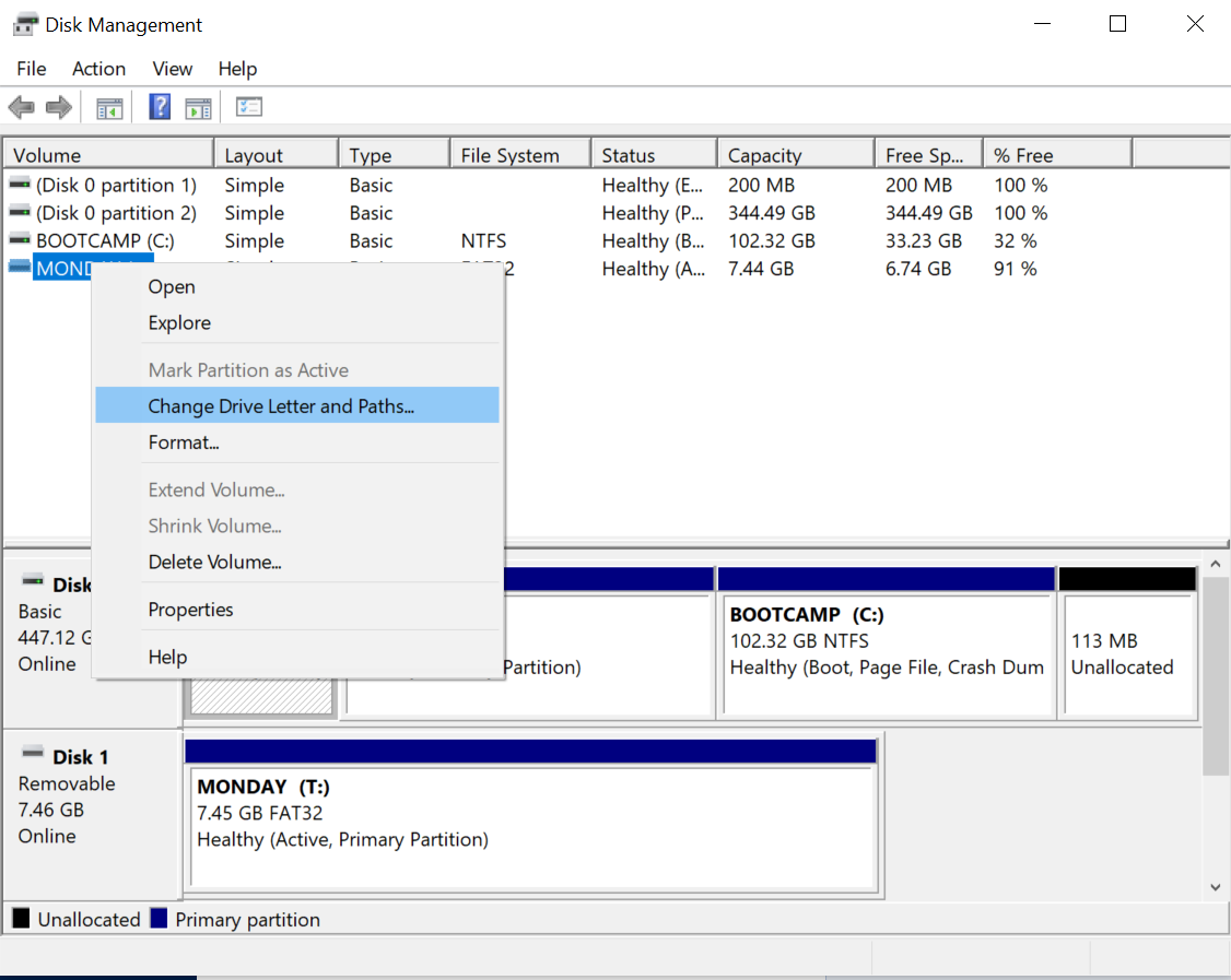 Partition letter change using Disk Management