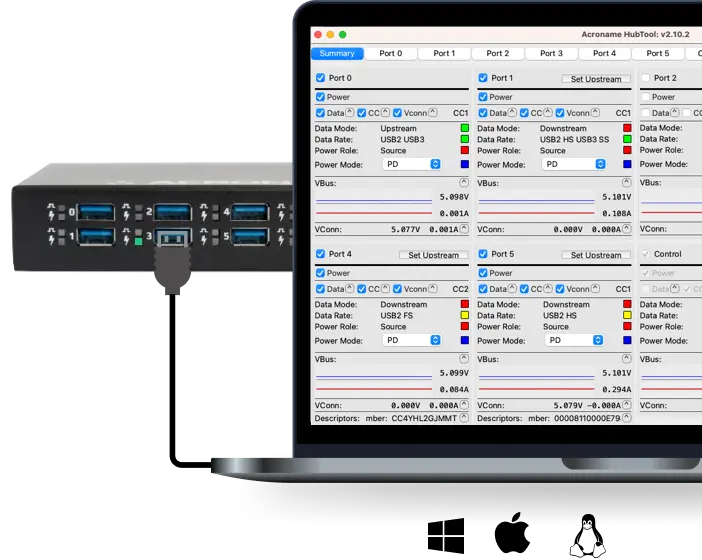 laptop running hubtool with Acroname hub attached